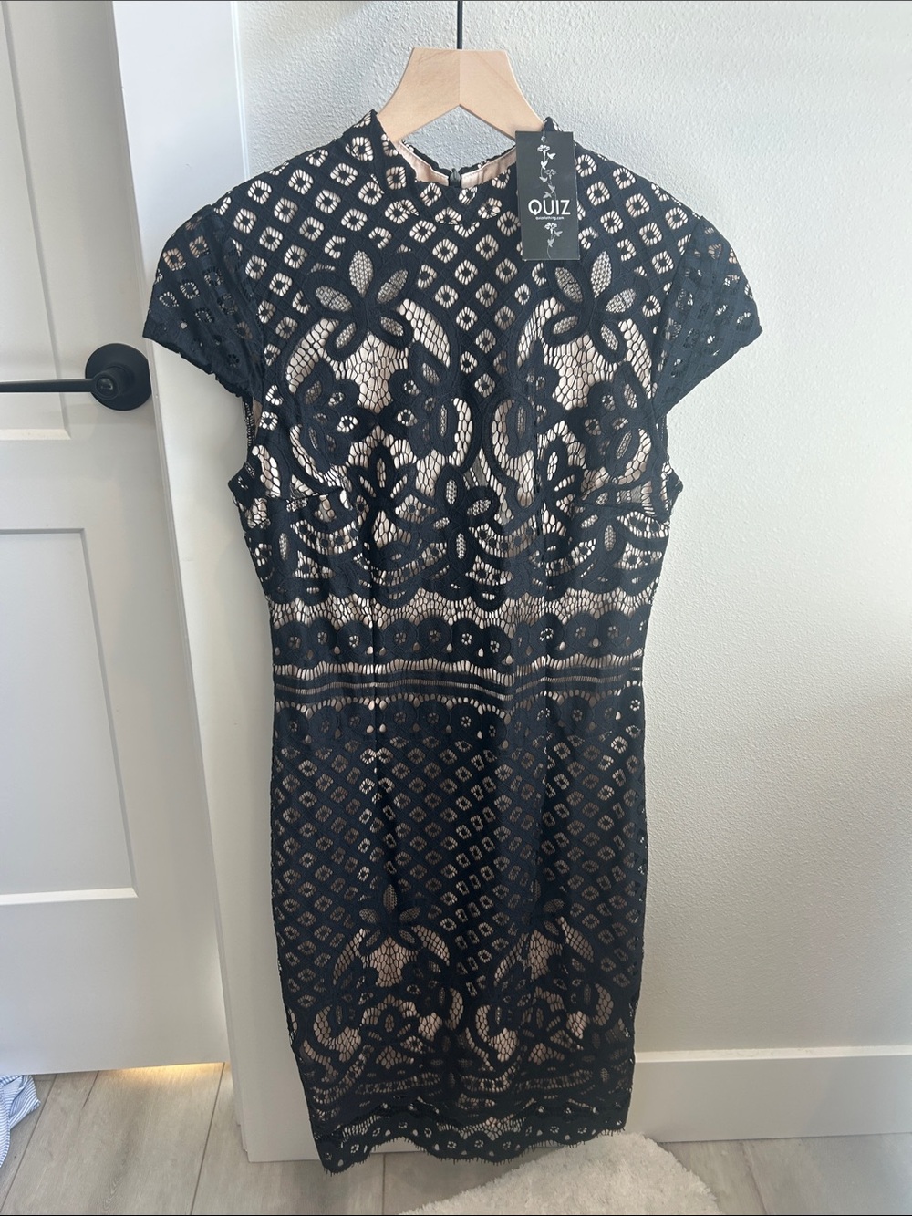 QUIZ Black Floral Lace Midi Dress with Nude Lining